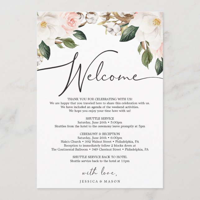 Magnolia Cotton Wedding Welcome Itinerary Letter Programme (Front)
