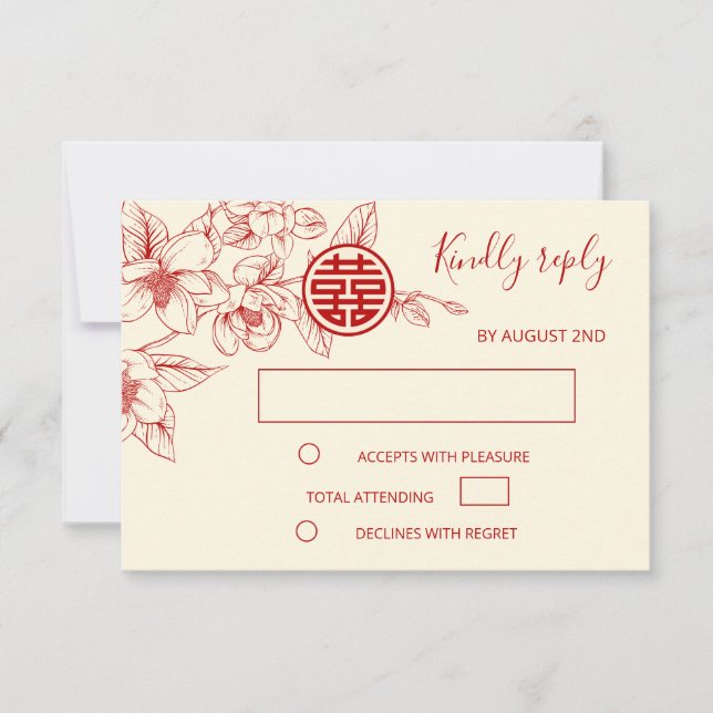 Magnolia Cream Red Chinese Wedding RSVP (Front)