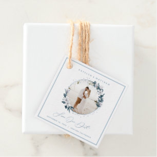 Magnolia & Dusty Blue Circle Photo Save The Date Favour Tags