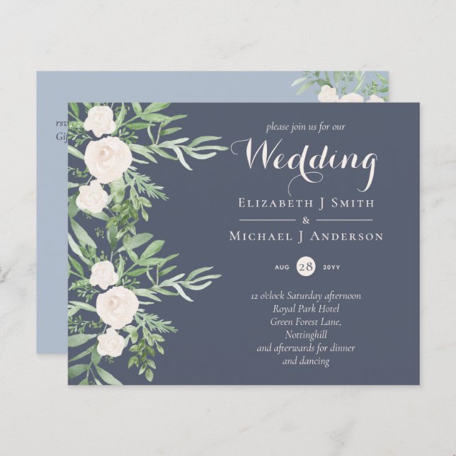 Magnolia Dusty Blue Flower Wedding Invites BUDGET (Front/Back)