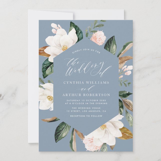magnolia dusty blue wedding invitation (Front)