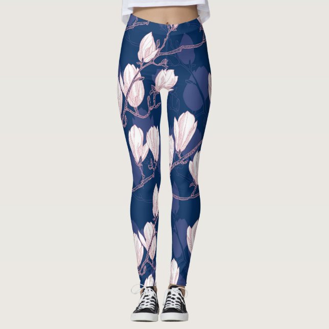 Magnolia Elegance: Navy Spring Bloom Leggings (Front)