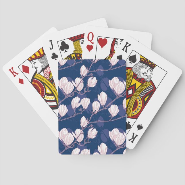 Magnolia Elegance: Navy Spring Bloom Playing Cards (Back)