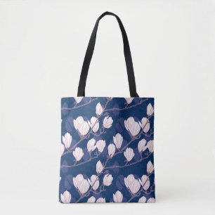 Magnolia Elegance: Navy Spring Bloom Tote Bag