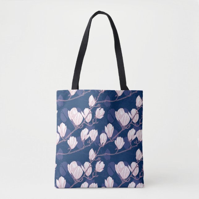 Magnolia Elegance: Navy Spring Bloom Tote Bag (Front)