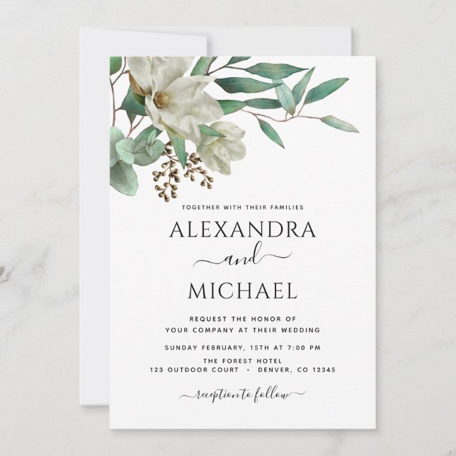Magnolia Eucalyptus Photo Elegant Wedding Invitation (Front)