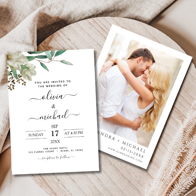 Magnolia Eucalyptus Photo Greenery Wedding Invitation (Creator Uploaded)