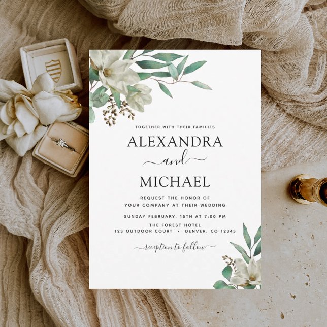 Magnolia Eucalyptus Watercolor Elegant Wedding Invitation (Creator Uploaded)
