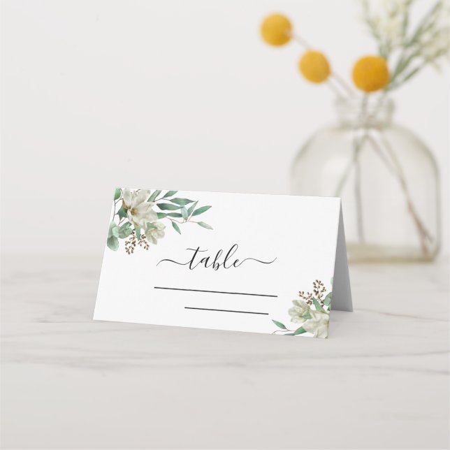 Magnolia Eucalyptus Watercolor Elegant Wedding Place Card (Front)