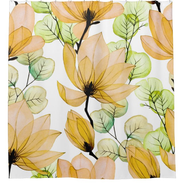 Magnolia Eucalyptus: Watercolor Seamless Print Shower Curtain (Front)