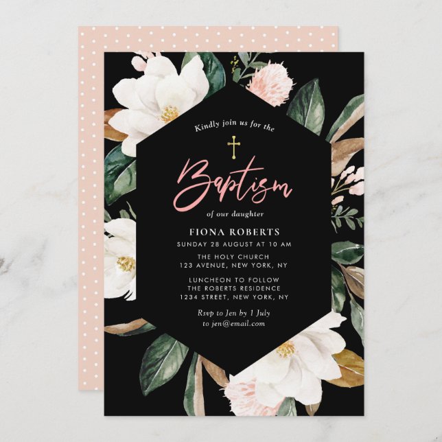 magnolia floral black Baptism invitation (Front/Back)