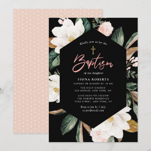 magnolia floral black Baptism invitation