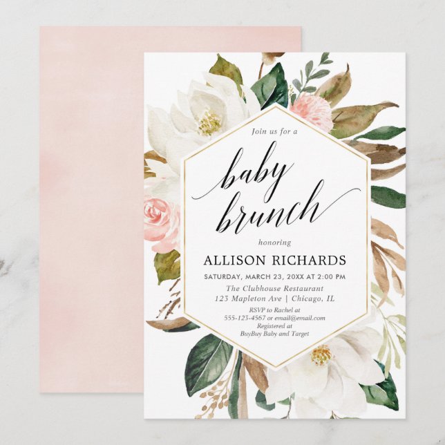 Magnolia floral blush gold girl baby brunch shower invitation (Front/Back)