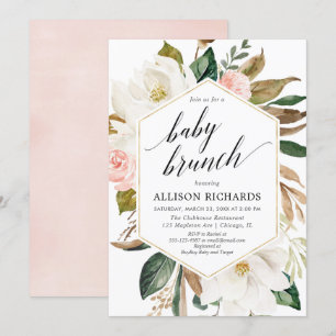 Magnolia floral blush gold girl baby brunch shower invitation