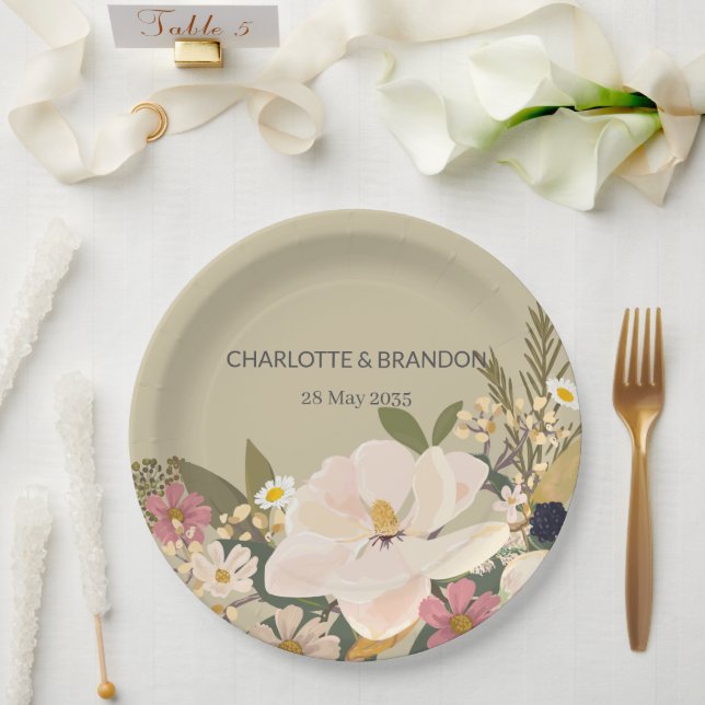 Magnolia Floral Bouquet Wedding Party  Paper Plate (Wedding)