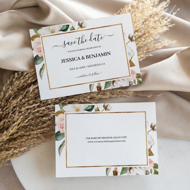 Magnolia Floral Calligraphy Wedding Save the Date (Magnolia Floral Calligraphy Wedding Save the Date Card)
