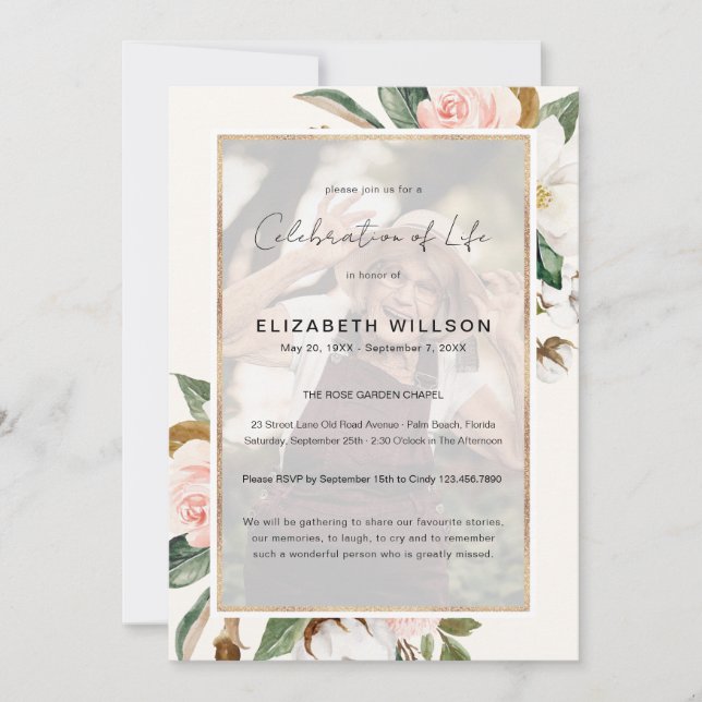 Magnolia Floral Celebration of Life Funeral Photo  Invitation (Front)