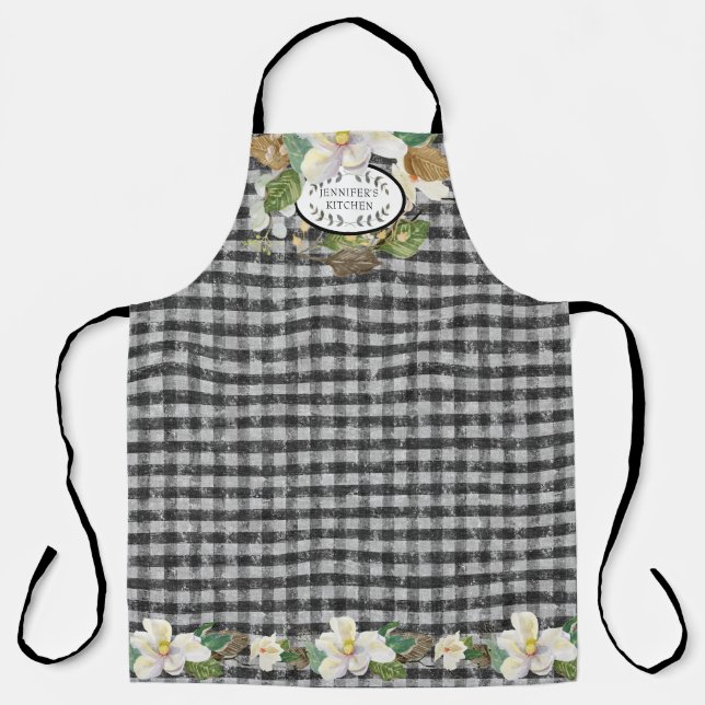 Magnolia Floral Farmhouse Black White Kitchen Name Apron (Front)