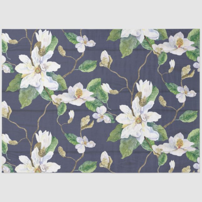 Magnolia Floral Farmhouse Navy Wooden Decoupage Tissue Paper (Front)