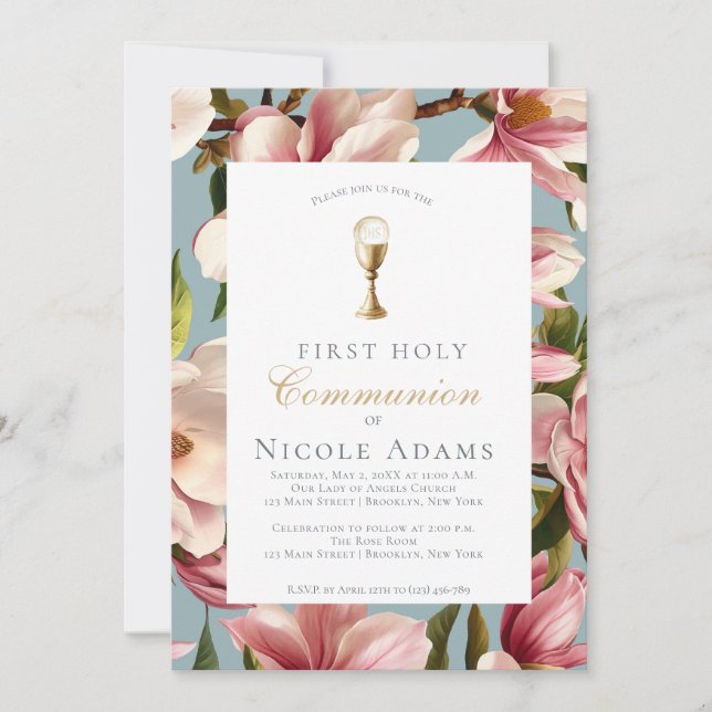 Magnolia Floral First Communion  Invitation (Front)