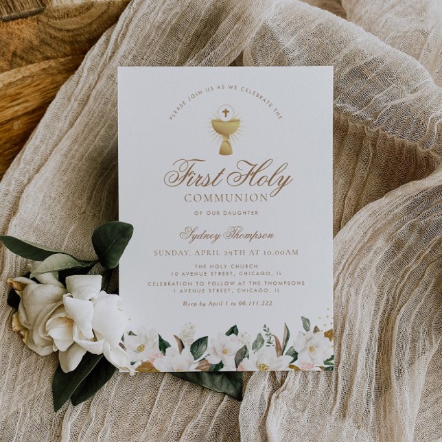 Magnolia floral first communion invitation (Creator Uploaded)