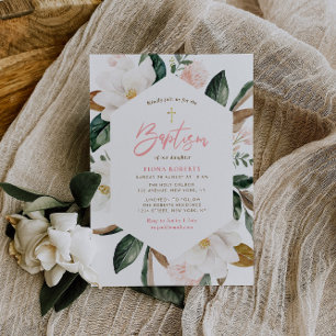 magnolia floral frame Baptism invitation