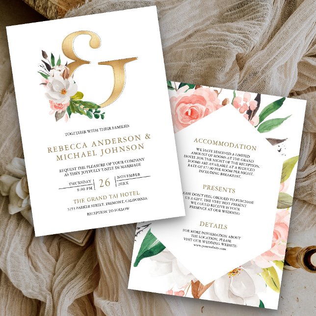 Magnolia Floral Gold Ampersand All in One Wedding Invitation (Creator Uploaded)