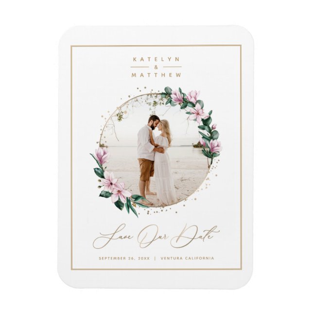 Magnolia Floral Gold Circle Photo Save the Date Magnet (Vertical)