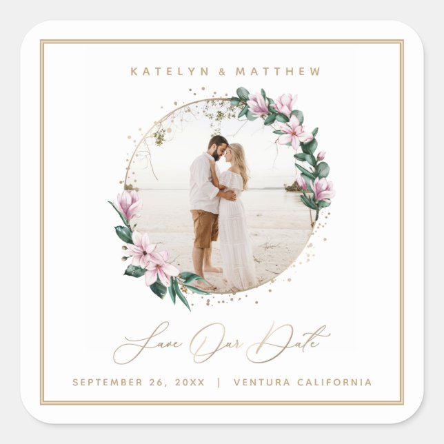 Magnolia Floral Gold Circle Photo Save the Date Square Sticker (Front)