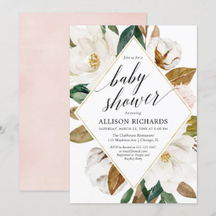 Magnolia floral greenery rustic girl baby shower invitation