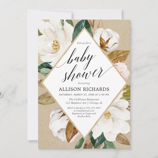 Magnolia floral greenery rustic kraft baby shower invitation (Front)