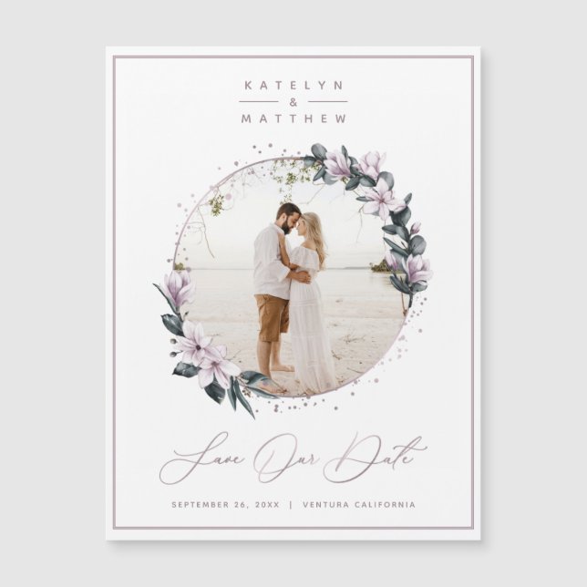 Magnolia Floral & Mauve Circle Photo Save The Date (Front)