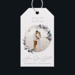 Magnolia Floral & Mauve Circle Photo Save The Date Gift Tags<br><div class="desc">Rustic Chic Magnolia Floral with Mauve Circle Framed Photo Save the Date Gift Tags. This design is elegant, airy, and romantic. With faux metallic Mauve Purple foil text and golden marble texture on the back side. Personalise it with your picture (you can even replace the marble back with your image)....</div>