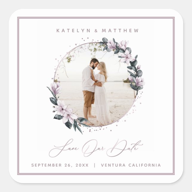 Magnolia Floral & Mauve Circle Photo Save The Date Square Sticker (Front)