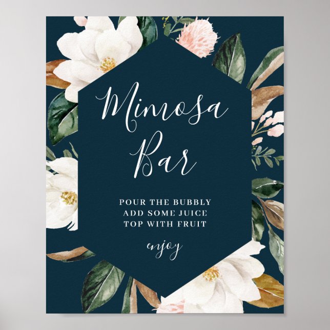 Magnolia floral navy bridal shower mimosa bar sign (Front)