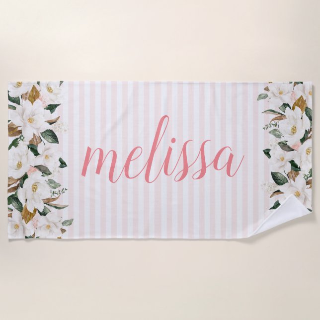 magnolia floral personalised script beach towel (Front)