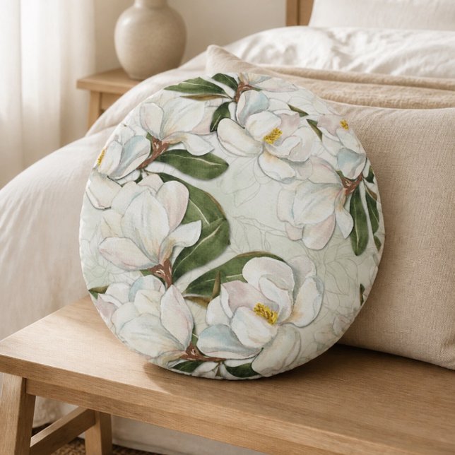 Magnolia Floral Round Throw Pillow (Creator Uploaded)