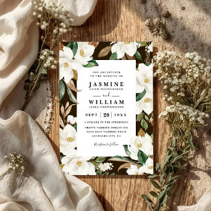 Magnolia Floral Rustic Elegant QR Code Wedding Invitation