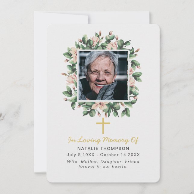 Magnolia Floral Sympathy Funeral Photo Thank You Card (Front)