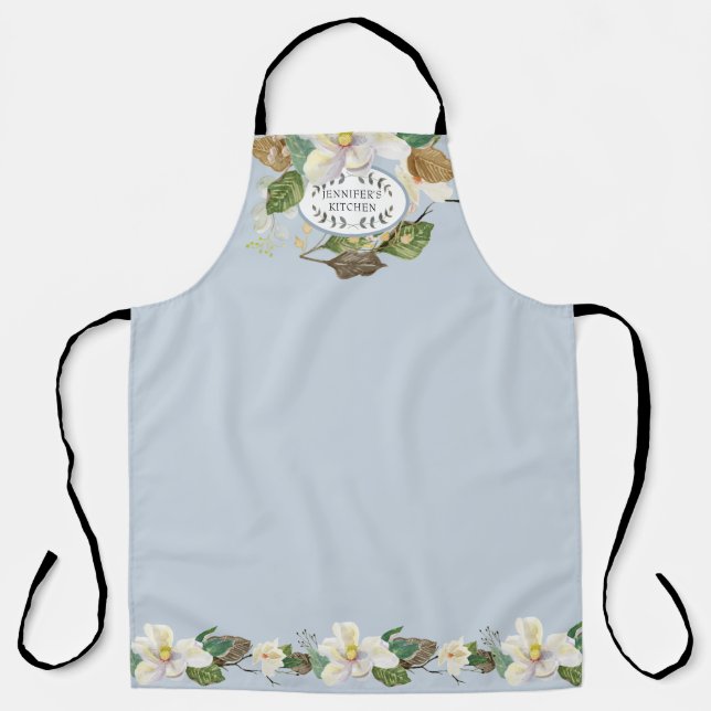 Magnolia Floral Watercolor Dusty Blue Moms Kitchen Apron (Front)