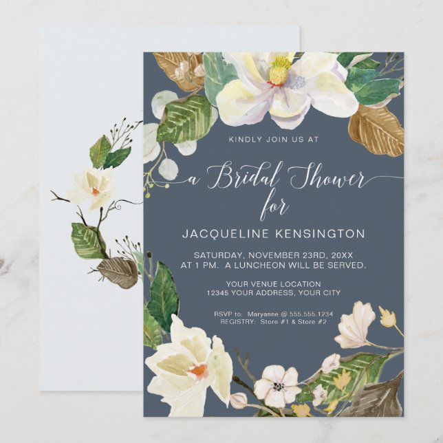 Magnolia Floral Watercolor Foliage Dusty Blue Navy Invitation (Front/Back)