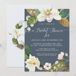 Magnolia Floral Watercolor Foliage Dusty Blue Navy Invitation