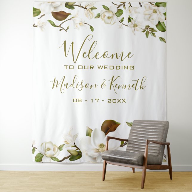 Magnolia Floral Wedding Backdrop Tapestry (In Situ)