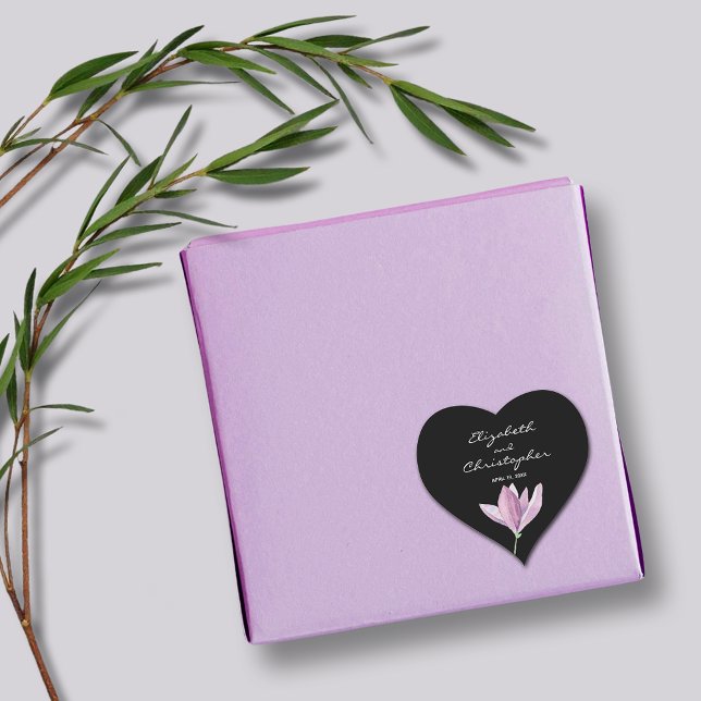 Magnolia Floral Wedding Favour on Black Heart Sticker (Magnolia Floral Wedding Favor Black Heart Shaped Stickers)