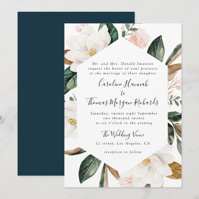 magnolia floral wedding invitation (Front/Back)