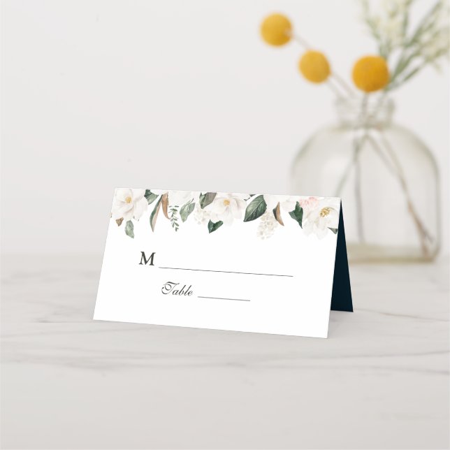 Magnolia floral wedding place cards (Front)