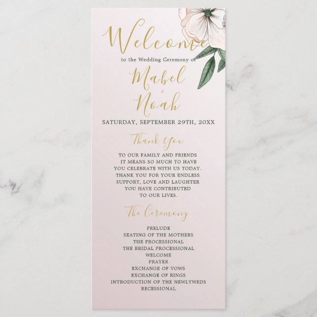 Magnolia Floral Wedding Welcome Program Menu (Front)