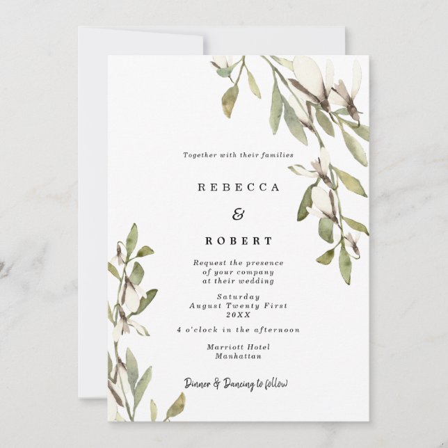 Magnolia florals modern wedding invitation (Front)