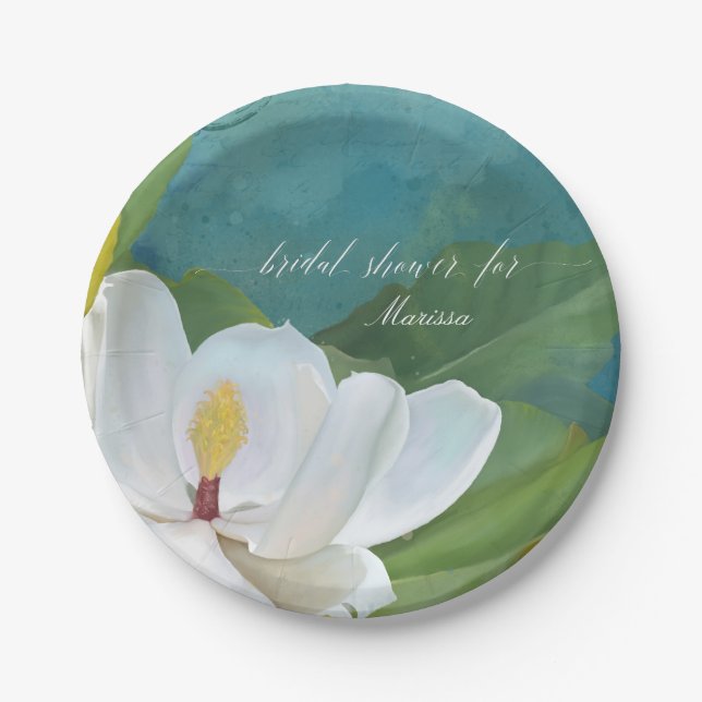 Magnolia Flower Blossom Bridal Shower Modern Blue Paper Plate (Front)