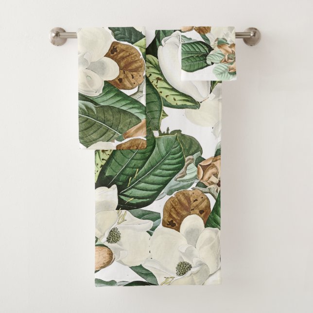 Magnolia Flower Blossoms Leaves Bath Towel Set (Insitu)